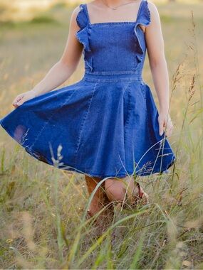 Denim Ruffle Strap Fit-and-Flare Dress - Blue
